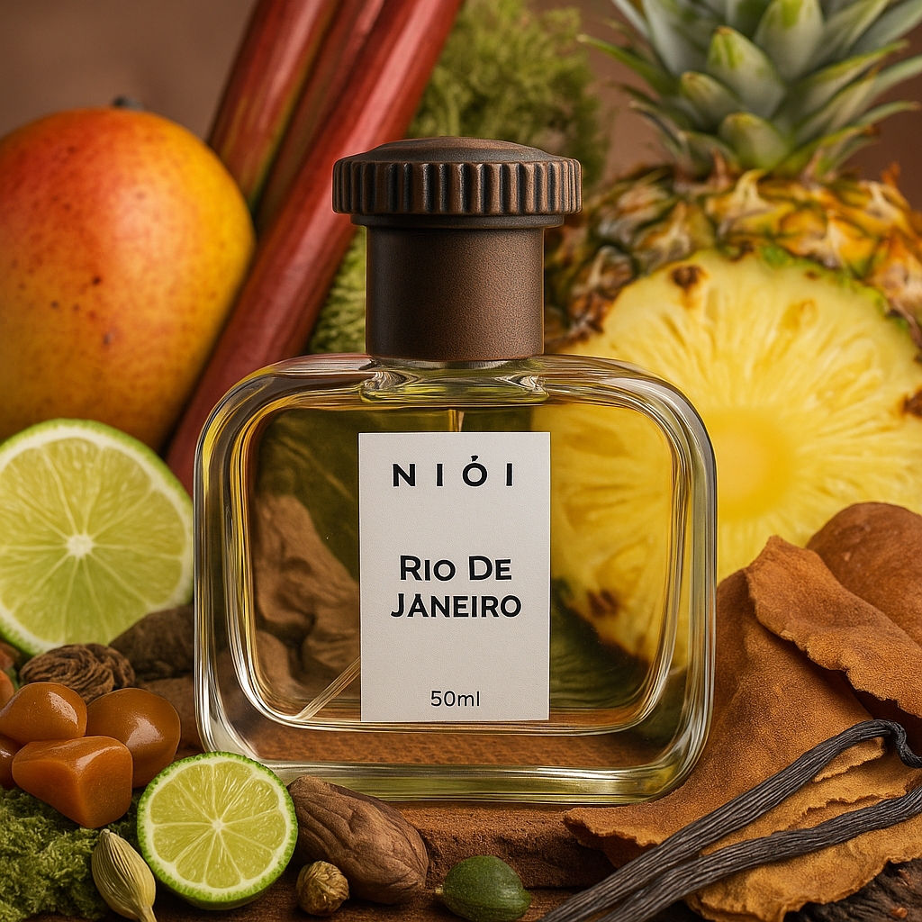 Perfume bottle labeled 'Rio De Janeiro' surrounded by fruits and spices on a wooden surface